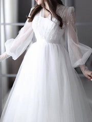 Sexy See-Through A-Line Wedding Dress V-neck Lace Tulle 3/4 Sleeve Bridal Gowns Backless with Sweep Train