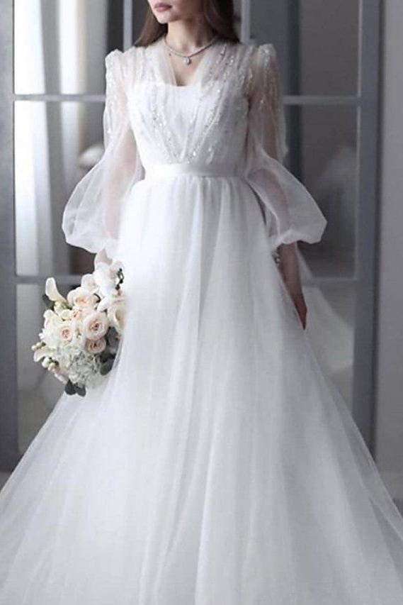 Sexy See-Through A-Line Wedding Dress V-neck Lace Tulle 3/4 Sleeve Bridal Gowns Backless with Sweep Train