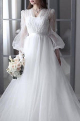 Sexy See-Through A-Line Wedding Dress V-neck Lace Tulle 3/4 Sleeve Bridal Gowns Backless with Sweep Train