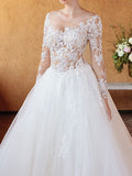 Sexy See-Through Ball Gown Wedding Dress V-neck Tulle 3/4 Sleeve Bridal Gowns in Color with Chapel Train