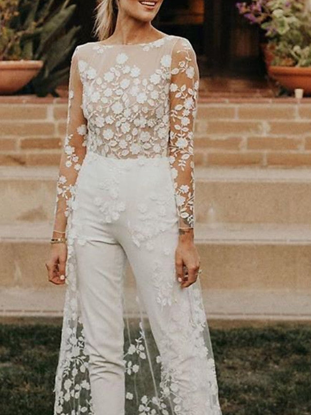 Sexy See-Through Jumpsuits A-Line Wedding Dress Jewel Lace Satin Long Sleeves Modern Bridal Gowns with Sweep Train