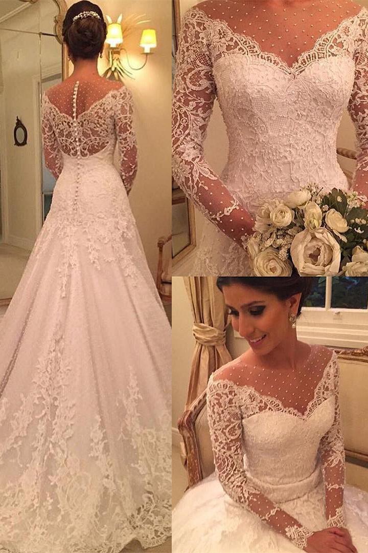 Sexy See Through Long Sleeve Lace Wedding Dresses | Elegant Appliques A-line Bridal Gowns