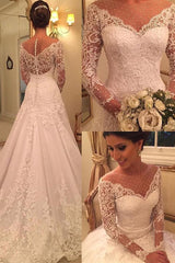 Sexy See Through Long Sleeve Lace Wedding Dresses | Elegant Appliques A-line Bridal Gowns
