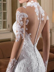 Sexy See-Through Mermaid Wedding Dress High-Neck Lace Long Sleeve Bridal Gowns with Sweep Train