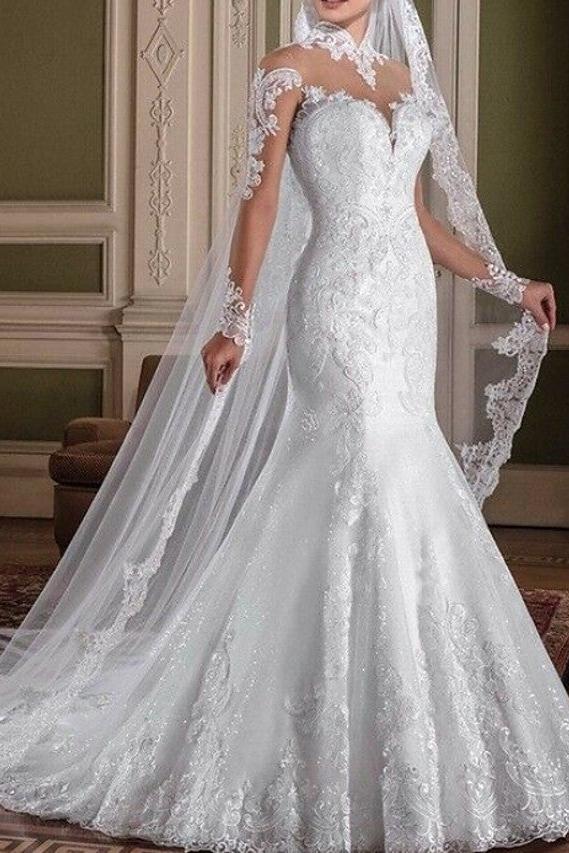 Sexy See-Through Mermaid Wedding Dress High-Neck Lace Long Sleeve Bridal Gowns with Sweep Train