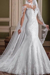 Sexy See-Through Mermaid Wedding Dress High-Neck Lace Long Sleeve Bridal Gowns with Sweep Train