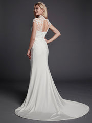 Sexy See-Through Mermaid Wedding Dress High-Neck Lace Satin Sleeveless Bridal Gowns Illusion Detail Backless with Court Train