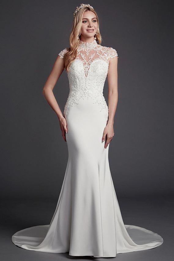 Sexy See-Through Mermaid Wedding Dress High-Neck Lace Satin Sleeveless Bridal Gowns Illusion Detail Backless with Court Train