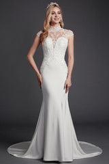 Sexy See-Through Mermaid Wedding Dress High-Neck Lace Satin Sleeveless Bridal Gowns Illusion Detail Backless with Court Train