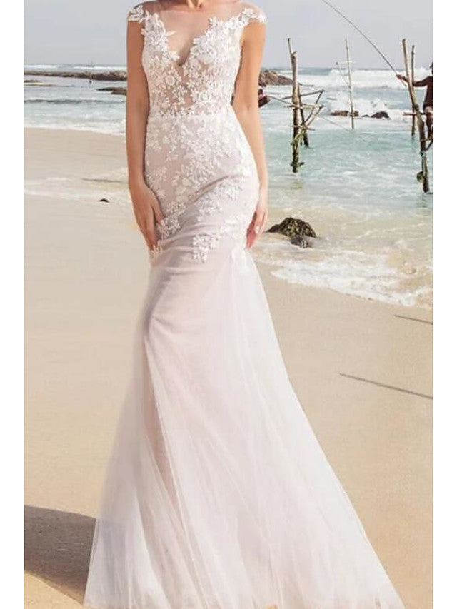 Sexy See-Through Mermaid Wedding Dress Jewel Lace Tulle Sleeveless Bridal Gowns with Sweep Train
