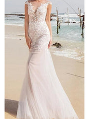 Sexy See-Through Mermaid Wedding Dress Jewel Lace Tulle Sleeveless Bridal Gowns with Sweep Train