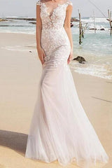 Sexy See-Through Mermaid Wedding Dress Jewel Lace Tulle Sleeveless Bridal Gowns with Sweep Train
