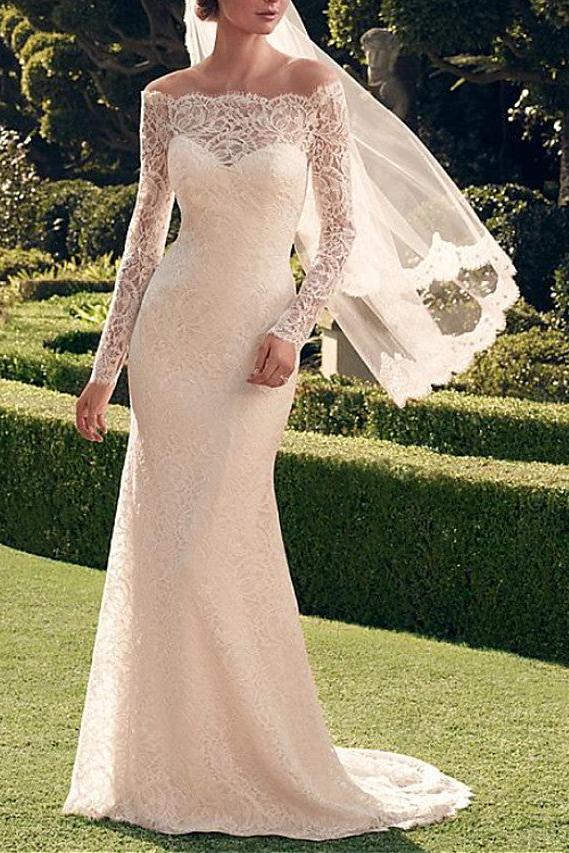 Sexy See-Through Mermaid Wedding Dress Off Shoulder Lace Long Sleeve Romantic Bridal Gowns Sweep Train