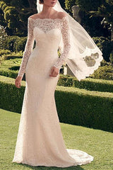 Sexy See-Through Mermaid Wedding Dress Off Shoulder Lace Long Sleeve Romantic Bridal Gowns Sweep Train
