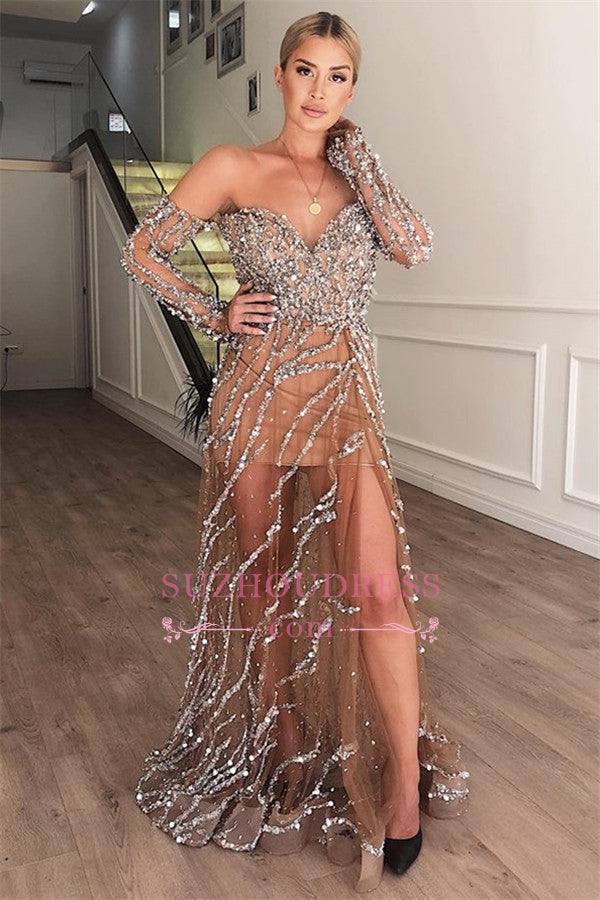 Sexy See-Through Off-The-Shoulder Evening Gowns | Appliques Side-Slit Mermaid Prom Dresses