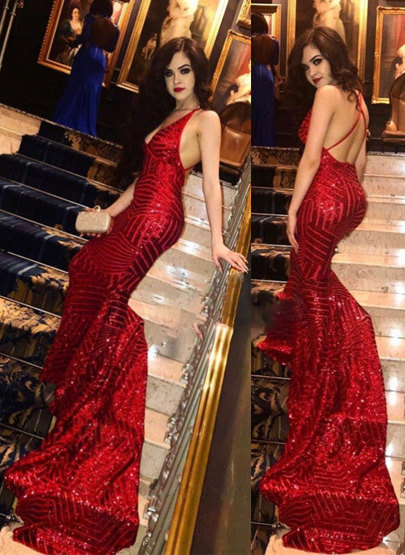 Sexy Sequined Red V-Neck Prom Dresses | Backless Mermaid Evening Dresses