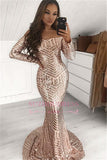 Sexy Sequins Off-The-Shoulder Prom Dresses Mermaid Long-Sleeves Evening Dresses