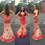 Sexy Sheath Red Lace Appliques Open Back Champagne Tulle Prom Dresses