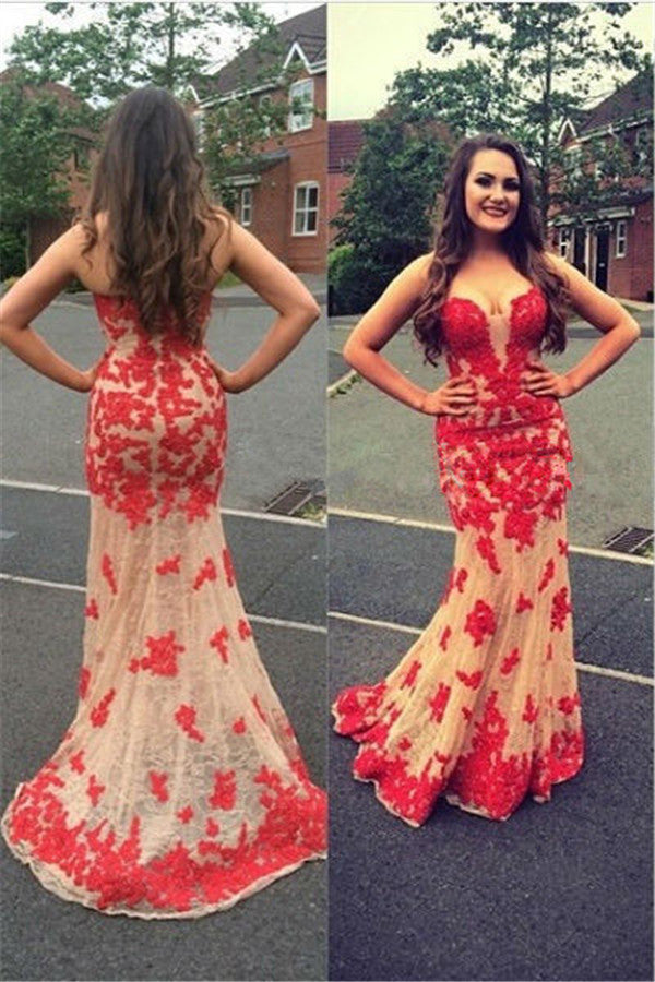 Sexy Sheath Red Lace Appliques Open Back Champagne Tulle Prom Dresses