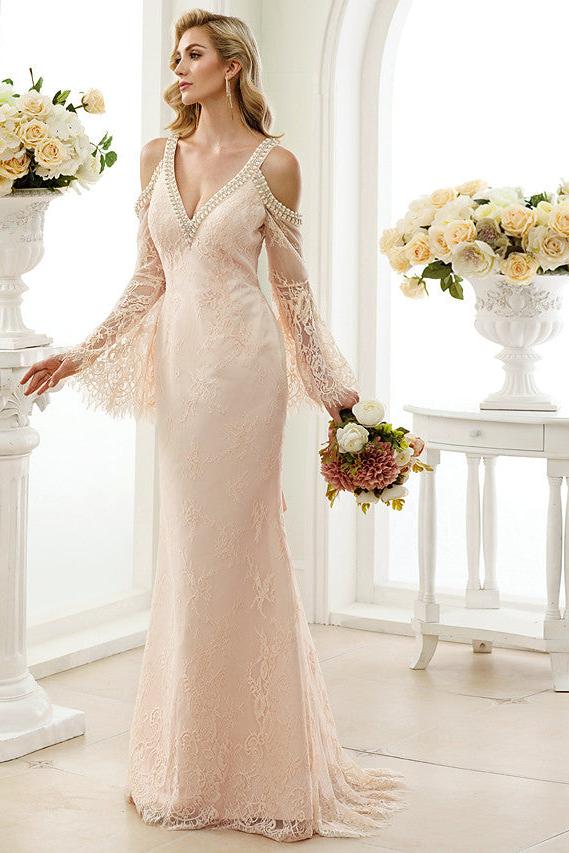 Sexy Sheath Wedding Dress Floral Lace Long Sleeves Bridal Gowns in Color Open Back with Sweep Train