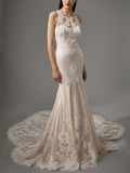 Sexy Sheath Wedding Dress Jewel Lace Sleeveless Bridal Gowns in Color with Chapel Train
