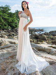 Sexy Sheath Wedding Dresses Sweetheart Chiffon Strapless Backless Bridal Gowns Sweep Train