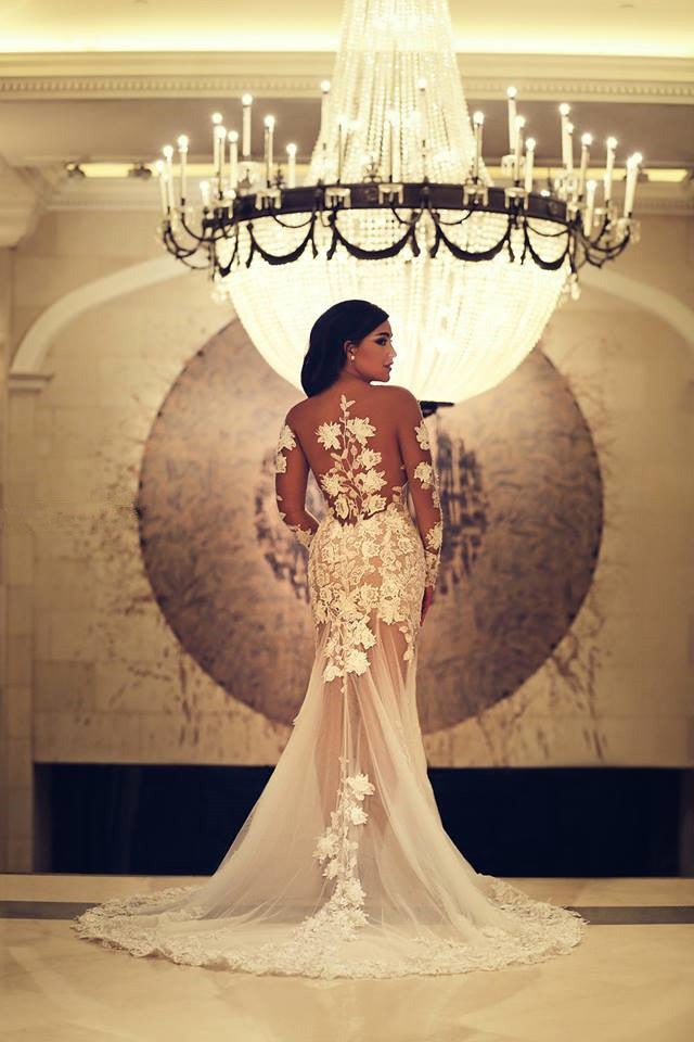 Sexy Sheer Tulle Mermaid Bridal Gowns Court Train Long Sleeve Plus Size Beach Wedding Dresses MH009