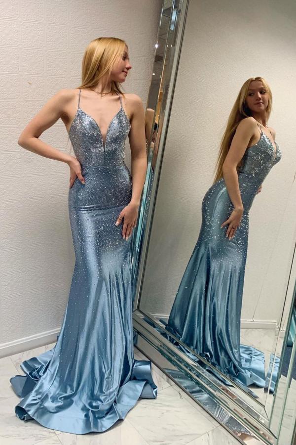 Sexy Shinny Mermaid Prom Dress Sleeveless V-Neck Party Gown