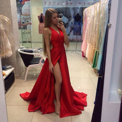 Sexy Side Slit Prom Dresses V-neck Stretch Satin Evening Gowns CE0015