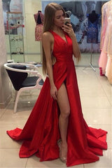 Sexy Side Slit Prom Dresses V-neck Stretch Satin Evening Gowns CE0015