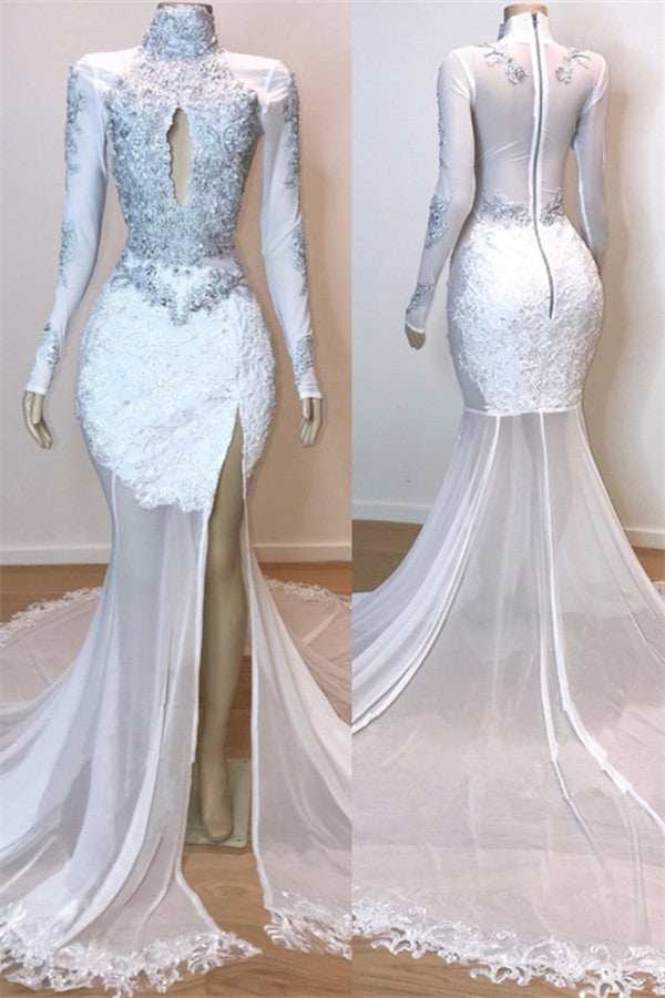 Sexy Side Slit Sheer Tulle Prom Dress On Mannequins | Long Sleeve Beads Appliques Evening Gowns BC1180