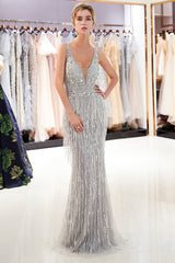 Sexy Silver V-Neck Evening Dresses | Sequins Sleeveless Sheath Long Formal Gowns