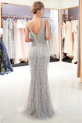 Sexy Silver V-Neck Evening Dresses | Sequins Sleeveless Sheath Long Formal Gowns