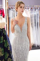 Sexy Silver V-Neck Evening Dresses | Sequins Sleeveless Sheath Long Formal Gowns