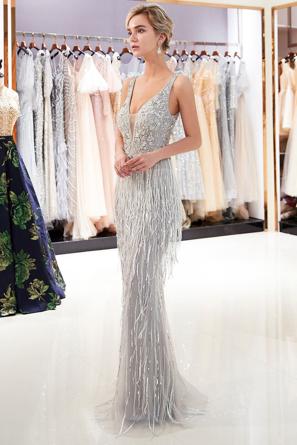 Sexy Silver V-Neck Evening Dresses | Sequins Sleeveless Sheath Long Formal Gowns
