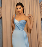 Sexy Sky Blue Sweetheart One Shouleder Sheath Prom Dresses with Slit
