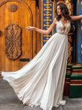Sexy Sleeveless Deep V Neck Ruffles Satin Ivory Wedding Dresses