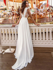 Sexy Sleeveless Deep V Neck Ruffles Satin Ivory Wedding Dresses
