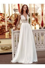 Sexy Sleeveless Deep V Neck Ruffles Satin Ivory Wedding Dresses