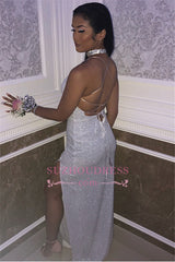 Sexy Sleeveless Halter Sequins Long Evening Gown | Cross Straps Front Split Mermaid Prom Dresses