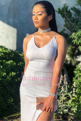 Sexy Sleeveless Halter Sequins Long Evening Gown | Cross Straps Front Split Mermaid Prom Dresses