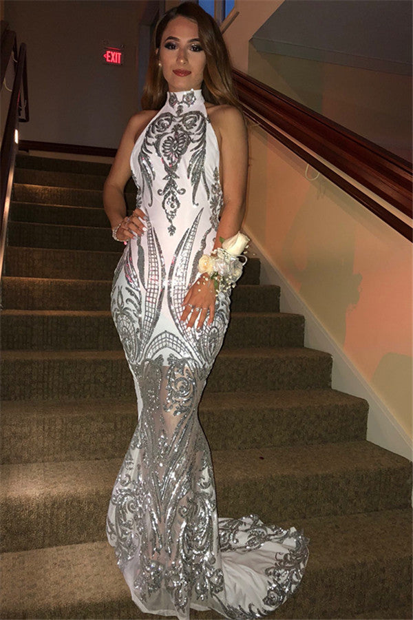 Sexy Sleeveless High Neck Sweep Train Prom Dresses | Mermaid Appliques Evening Gown BC1036
