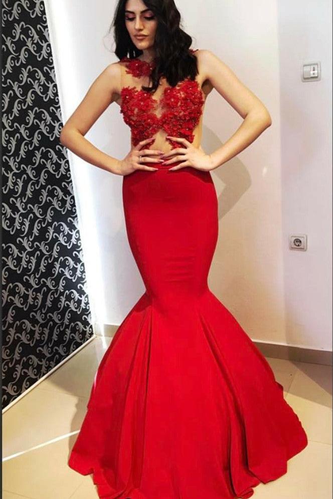 Sexy Sleeveless Mermaid Long Prom Dresses | Appliques Floor-Length Red Evening Gown