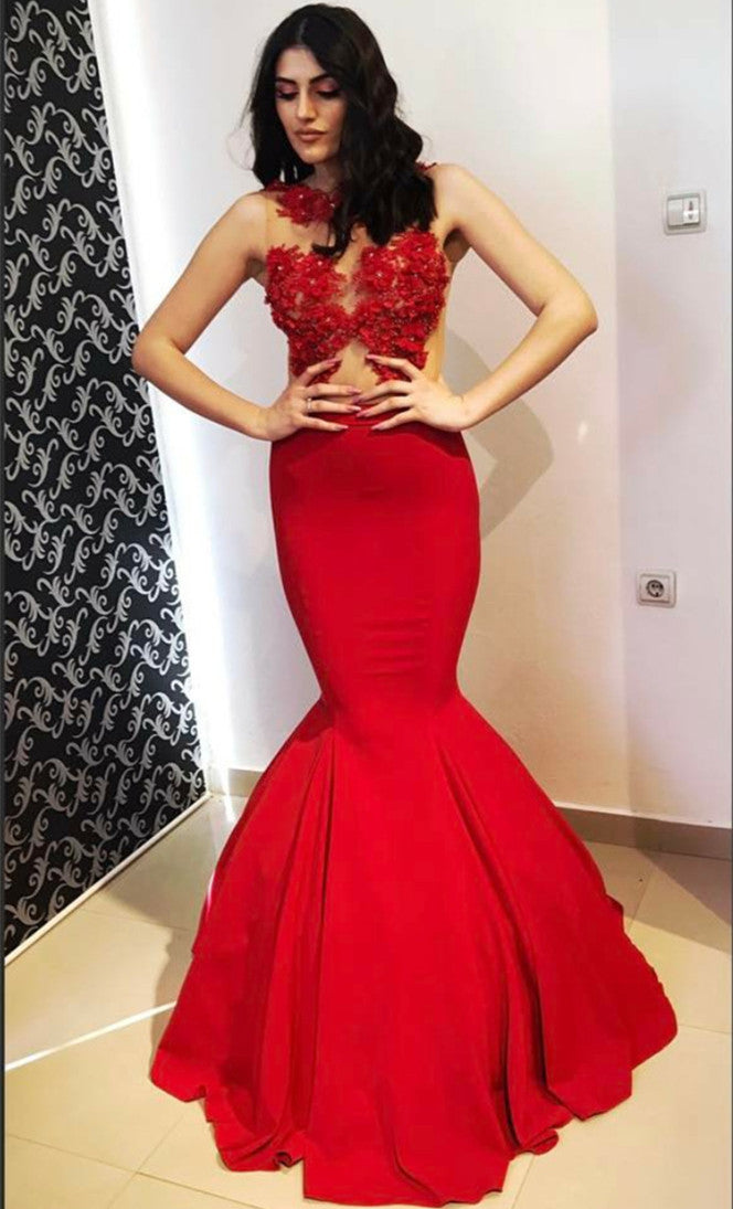Sexy Sleeveless Mermaid Long Prom Dresses | Appliques Floor-Length Red Evening Gown