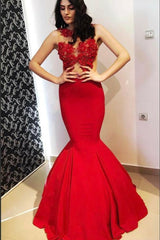Sexy Sleeveless Mermaid Long Prom Dresses | Appliques Floor-Length Red Evening Gown