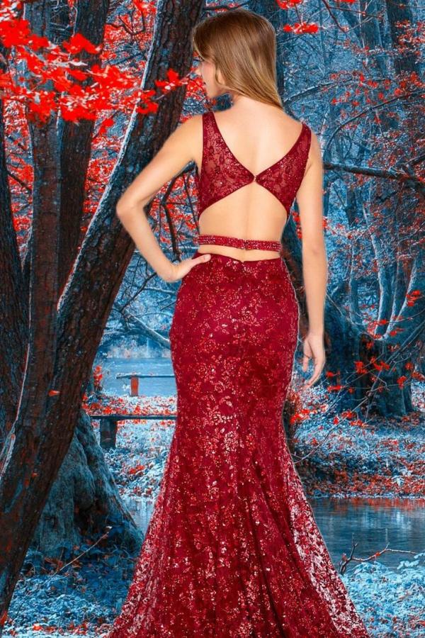 Sexy Sleeveless Ruby V Neck Lace Appliques Mermaid Prom Dresses
