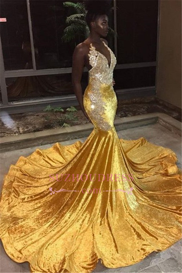 Sexy Sleeveless V-Neck Appliques Prom Dresses | Mermaid Sweep Train Sparkly Evening Gown BC0662