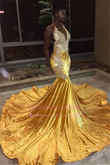 Sexy Sleeveless V-Neck Appliques Prom Dresses | Mermaid Sweep Train Sparkly Evening Gown BC0662