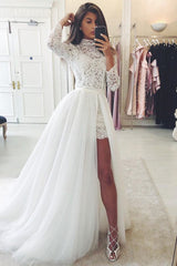 Sexy Slit Lace Short Wedding Dresses with Sleeves | High Neck Tulle Overskirt Bridal Gowns