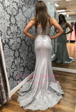 Sexy Spaghetti-Strap Mermaid Prom Dresses | Grey Appliques V-Neck Sexy Prom Dresses